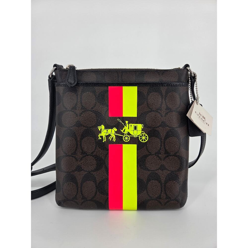 NWT COACH Heritage Stripe Neon Horse Carriage Crossbody File Bag Brown Yellow